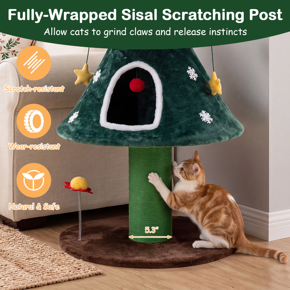 Christmas cat tree features a 54-inch design with a 5.3-inch sisal scratching post and two cozy condos for indoor cats.