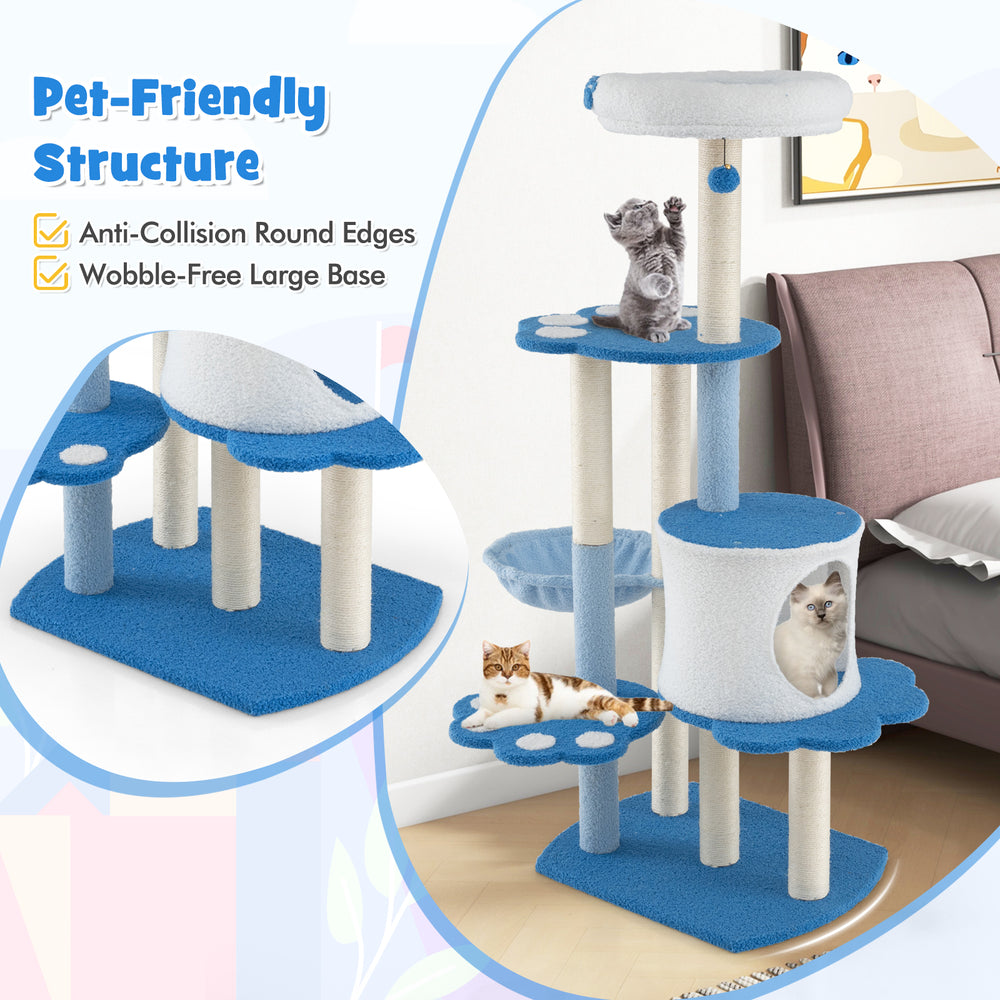 54-inch tall blue cat tree tower featuring a cozy condo, plush hammock, and sisal scratching posts for indoor cats.