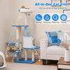 54-inch tall blue cat tree with private condo, plush hammock, and sisal scratching posts for indoor cats' play and rest.