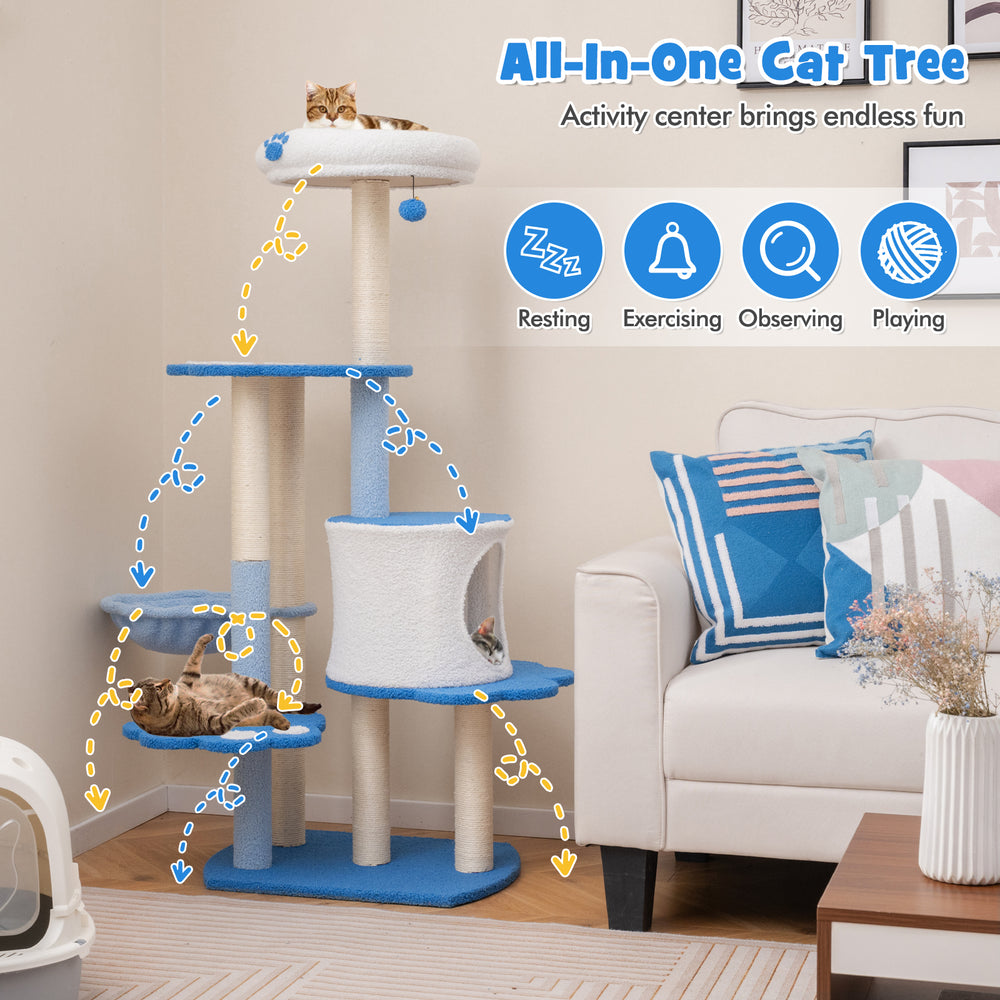 54-inch tall blue cat tree with private condo, plush hammock, and sisal scratching posts for indoor cats' play and rest.