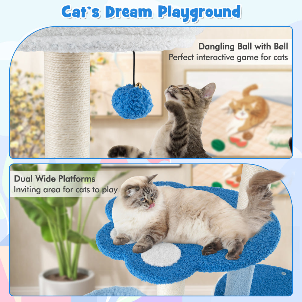 Dangling ball with bell on a 54-inch tall blue cat tree, perfect for interactive play and engaging indoor fun for cats.