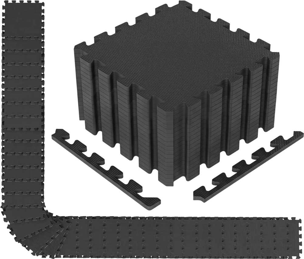 54 pack of black EVA foam floor tiles with non-slip surface, ideal for home gym and easy to reconfigure.