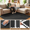 EVA foam floor tiles in black feature a non-slip surface and interlocking design, ideal for home gym or living room use.