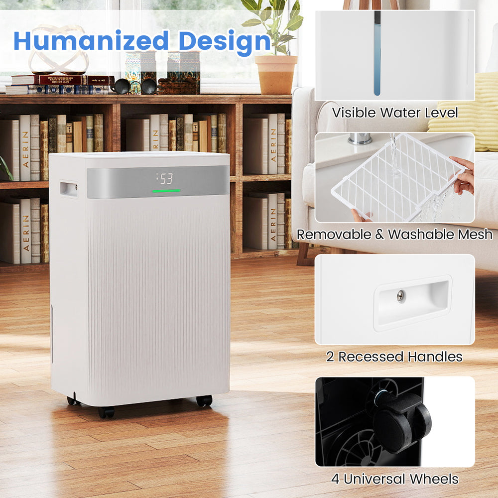 54 pints dehumidifier in white with visible water level, removable filter, and universal wheels for easy mobility.