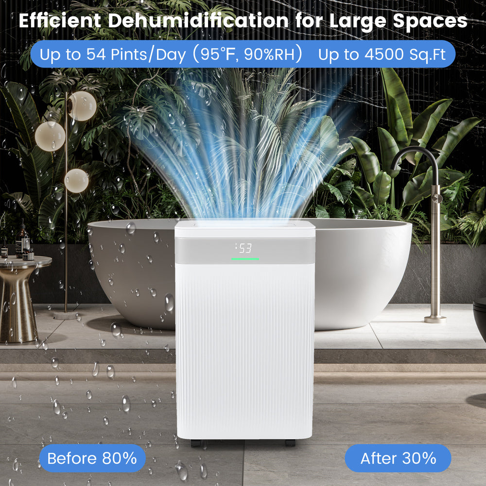 54 pints dehumidifier in white with smart touch control, large water tank, and 4500 sq.ft capacity for home use.
