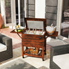 54 quart wooden cooler cart with shelves, designed for outdoor use, featuring a lid, wheels, and bottle opener.