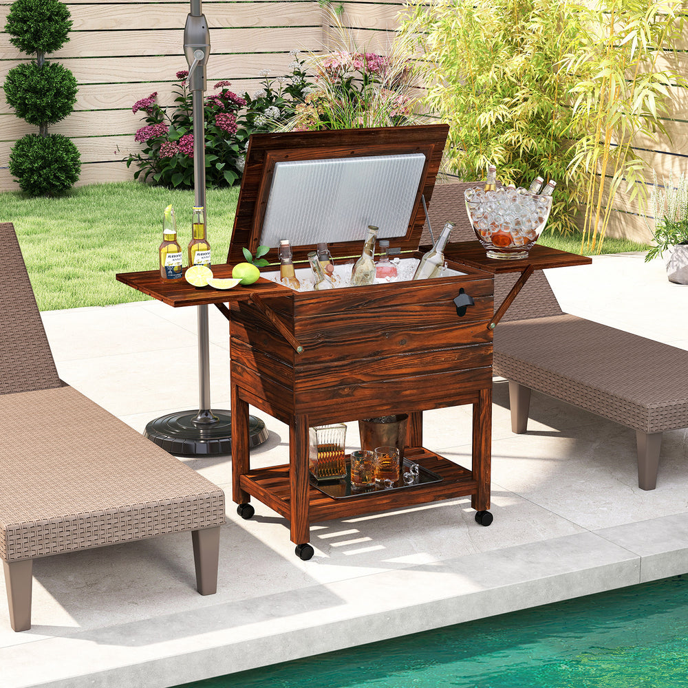 Wooden cooler cart with a brown finish, 54 quart capacity, and lockable wheels, perfect for outdoor patios and pools.
