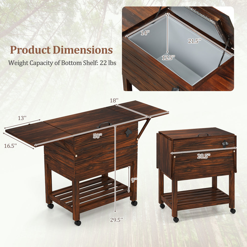 Wooden cooler cart with open lid, showcasing 54 quart capacity and lockable wheels, perfect for outdoor patio use.