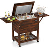 Wooden cooler cart with 54 quart capacity, lockable wheels, and side shelves, perfect for outdoor patios and gatherings.