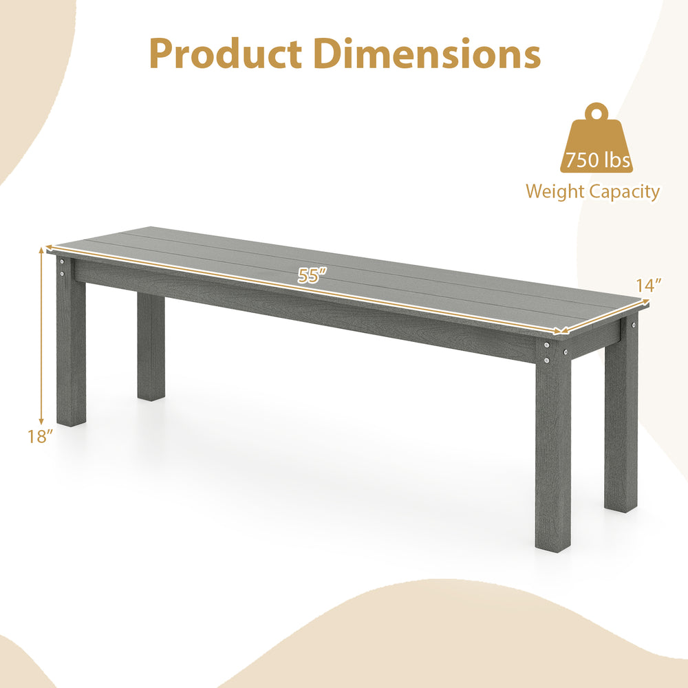 55" gray HDPE outdoor bench dimensions showing 750 lb capacity, designed for patio and garden use with weatherproof.
