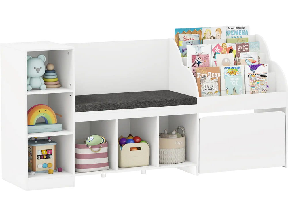 Kids bookcase with reading nook, white, featuring 6 storage cubbies, adjustable shelf, and removable cushion for.