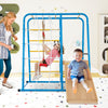 Indoor jungle gym in blue with slide and swing, designed for kids 3+, featuring safety handrails and adjustable heights.