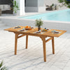 Expandable patio dining table made of solid acacia wood, showcasing a smooth splinter-free surface, suitable for.
