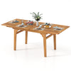 Expandable 55-inch patio dining table made of solid acacia wood, seating 6-8 people, ideal for outdoor gatherings.