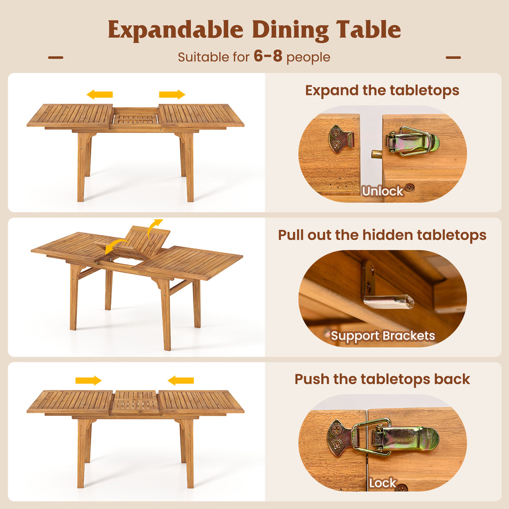 Expandable 55-inch patio dining table in acacia wood, seating 6-8 with umbrella hole, ideal for outdoor gatherings.