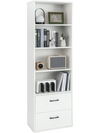 Tall white freestanding bookshelf featuring 4 open shelves and 2 drawers, ideal for home or office storage.
