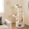 Wooden cat tree with three platforms, cozy cushions, and a spacious condo for indoor cats, perfect for play and rest.