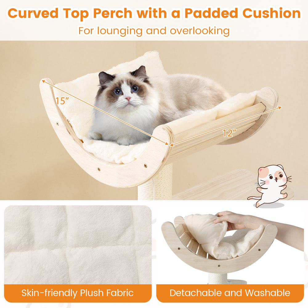 Curved top perch with a padded cushion for lounging, featuring washable plush fabric on a sturdy wooden cat tree.