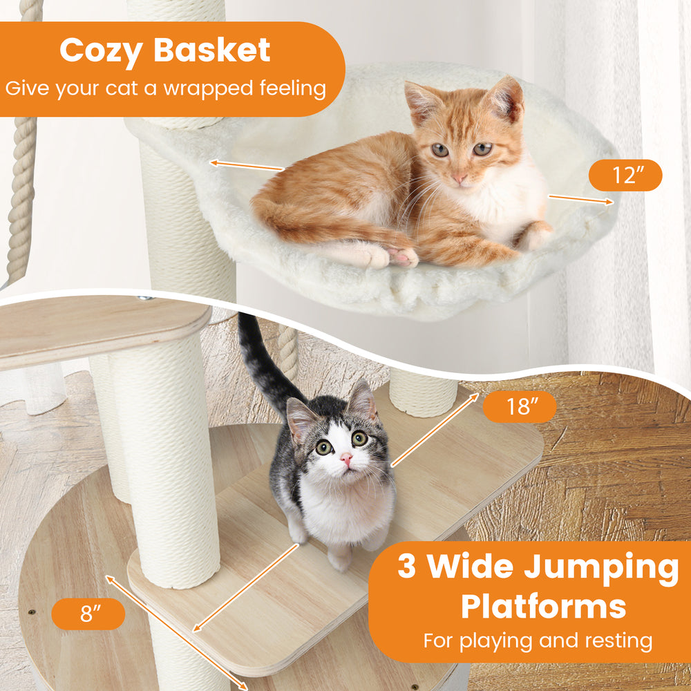 Cozy basket and three wide jumping platforms on a 55.5-inch tall wooden cat tree for indoor cats.