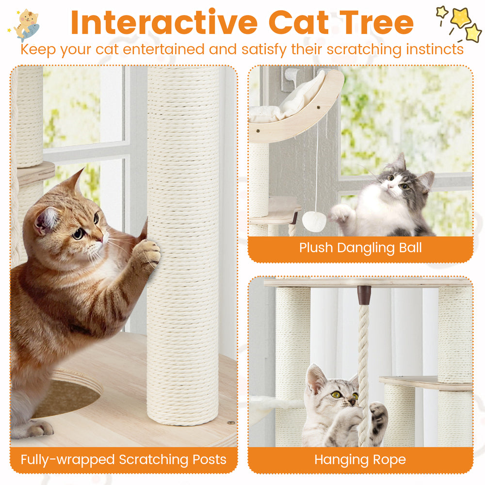 Interactive cat tree featuring fully-wrapped scratching posts, plush dangling ball, and cozy basket for indoor cats.