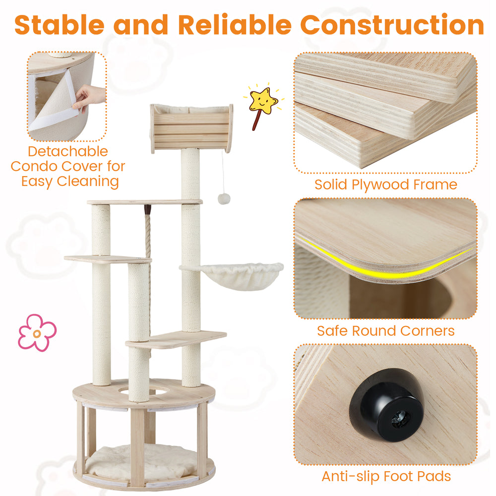 Wooden cat tree with sturdy plywood frame, removable plush cushions, and anti-slip foot pads for indoor cats.