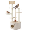 Wooden cat tree with three platforms, cozy basket, and removable plush cushions for indoor cats.