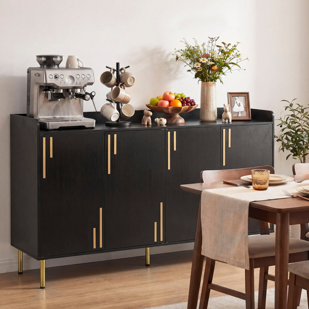 Modern 55" black buffet cabinet with 4 doors, 5 metal legs, and a spacious top for coffee maker or appetizers.
