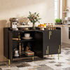 Modern 55" black buffet cabinet with 4 doors, 5 metal legs, and spacious top for kitchenware and decor.