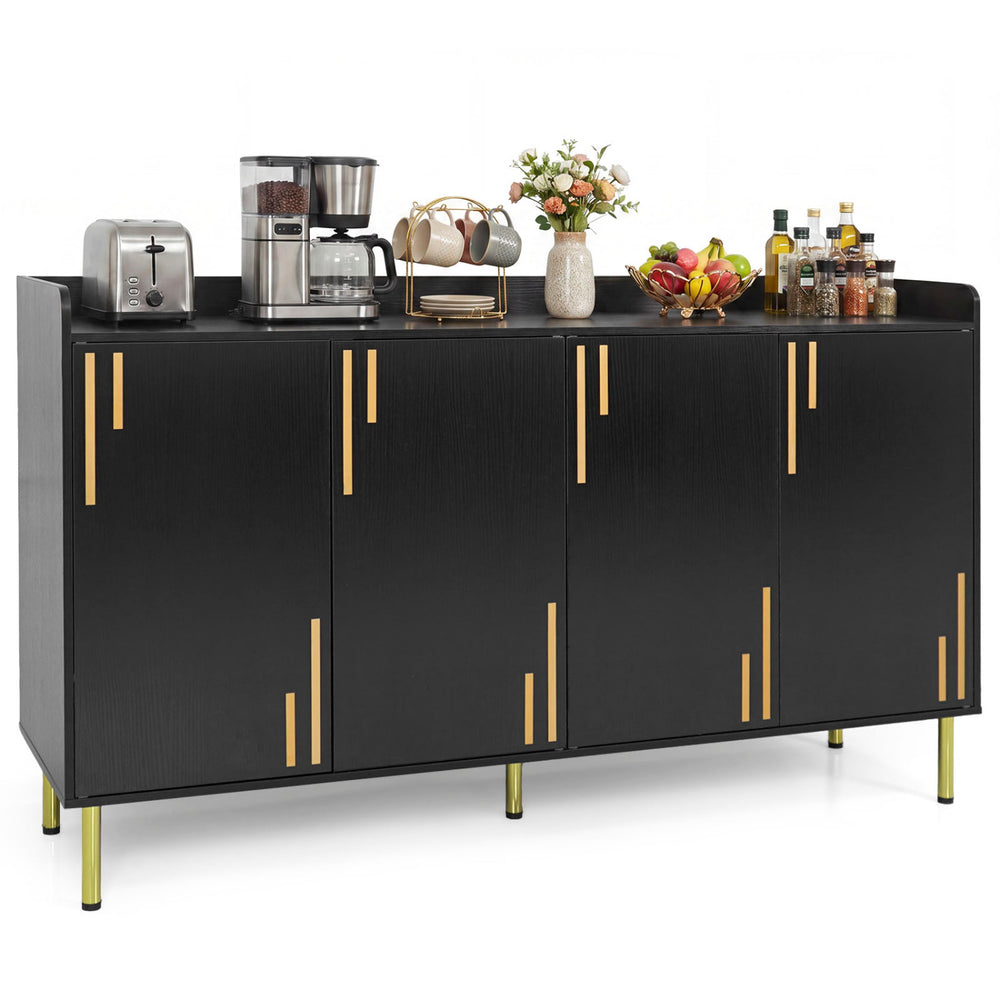 Modern 55" black buffet cabinet with 4 doors, 5 metal legs, and a spacious top for kitchenware and decor.