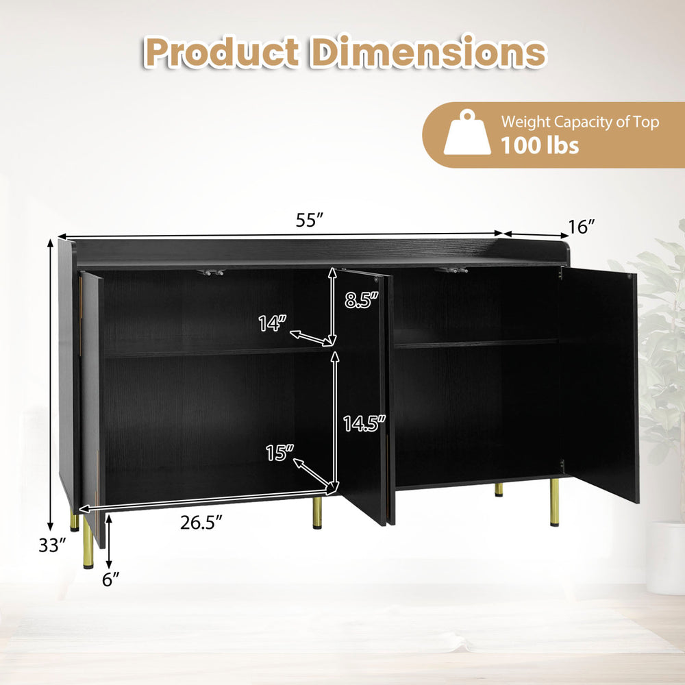 55" black buffet cabinet with 4 doors, 5 metal legs, and dimensions for versatile storage in living or dining areas.
