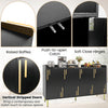 Buffet cabinet with vertical stripped doors, 4 doors, and 5 metal legs for stylish storage in dining or kitchen spaces.