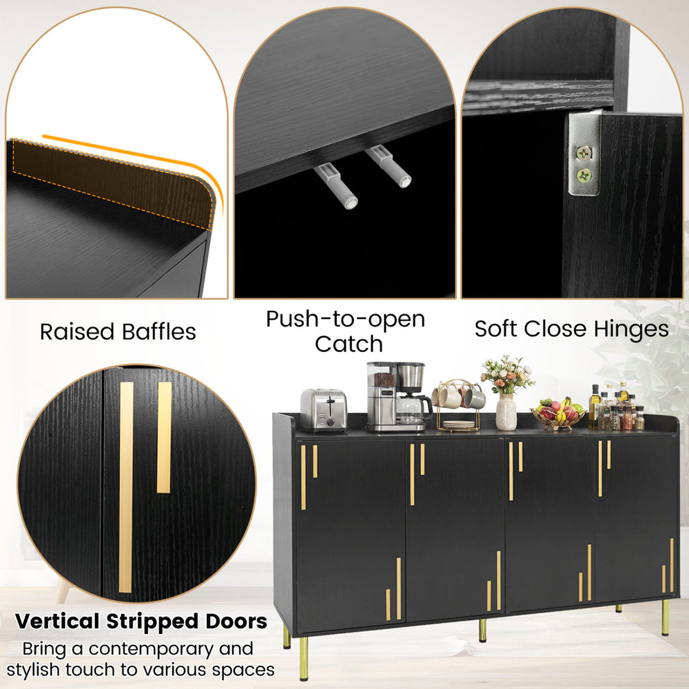 Buffet cabinet with vertical stripped doors, 4 doors, and 5 metal legs for stylish storage in dining or kitchen spaces.