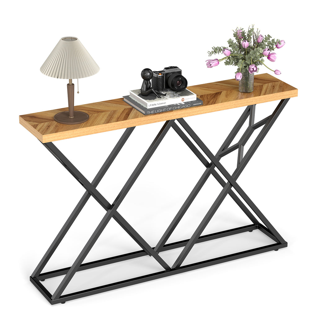 Console table with a solid wood top and geometric metal base, ideal for living room or hallway decor and storage.