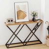 Console table featuring a solid wood top and geometric metal frame, perfect for living room or hallway decor.