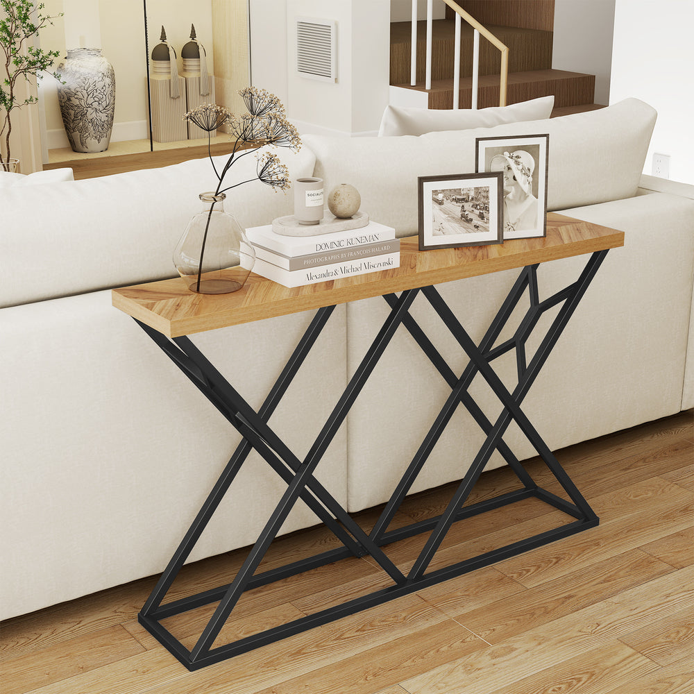 55-inch console table with a solid wood top and geometric metal frame, perfect for living room or hallway display.