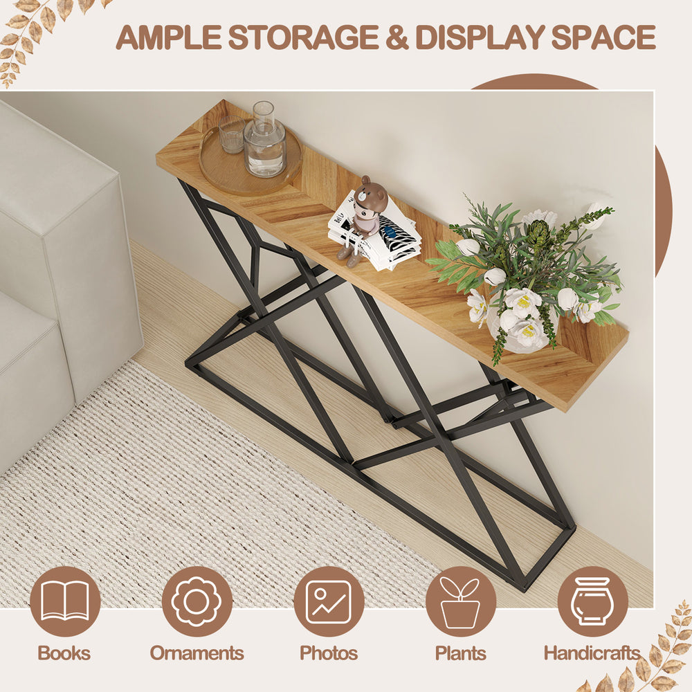 55-inch console table with solid wood top and geometric metal frame, ideal for displaying plants and ornaments in any.