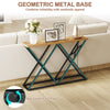 55-inch console table featuring a geometric metal base, solid wood top, and adjustable foot pads for stability in any.