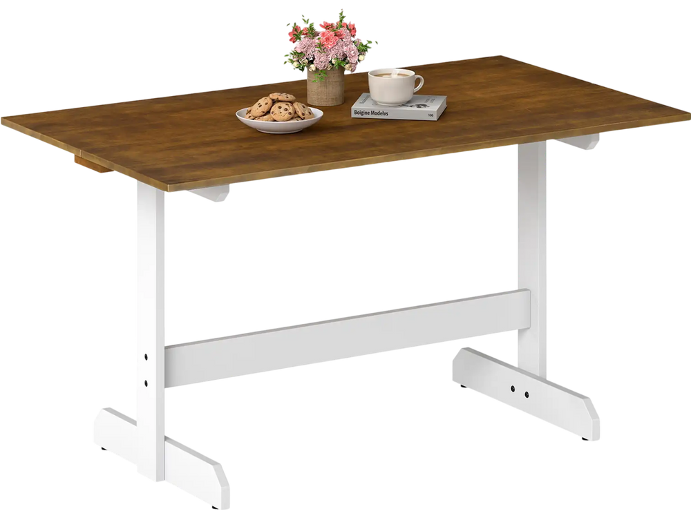 Rectangular 55-inch dining table with walnut finish, solid wood trestle base, suitable for 4-6 people in kitchen or.