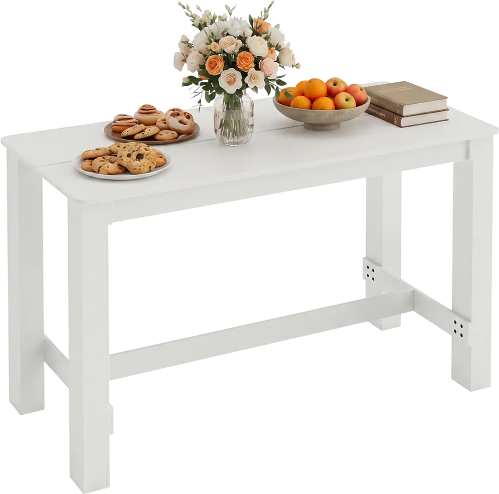 White 55-inch wooden dining table with rounded corners, seating 4-6 people, ideal for dining rooms and kitchens.