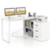 L-shaped 55-inch white desk with 3 drawers, adjustable shelf, and dual AC outlets for home office use.