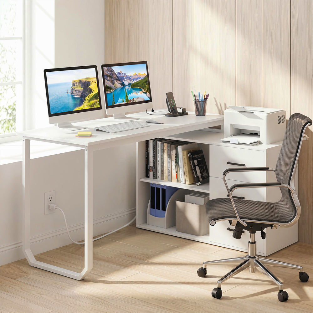 L-shaped white desk with 3 drawers, adjustable shelf, and dual computer setup for home office organization.