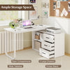 Reversible L-shaped desk with 3 drawers, wide tabletop, and adjustable shelf for home office storage in white.