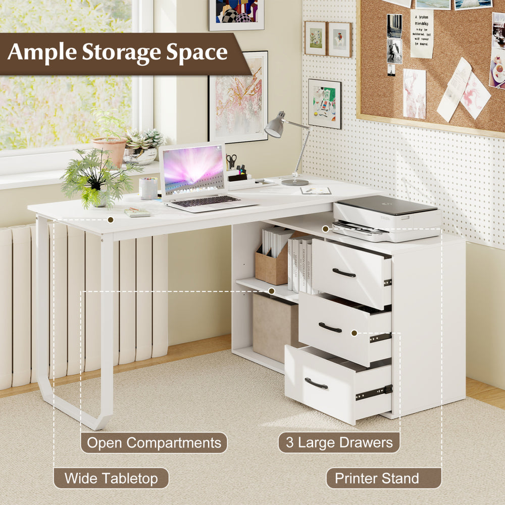Reversible L-shaped desk with 3 drawers, wide tabletop, and adjustable shelf for home office storage in white.