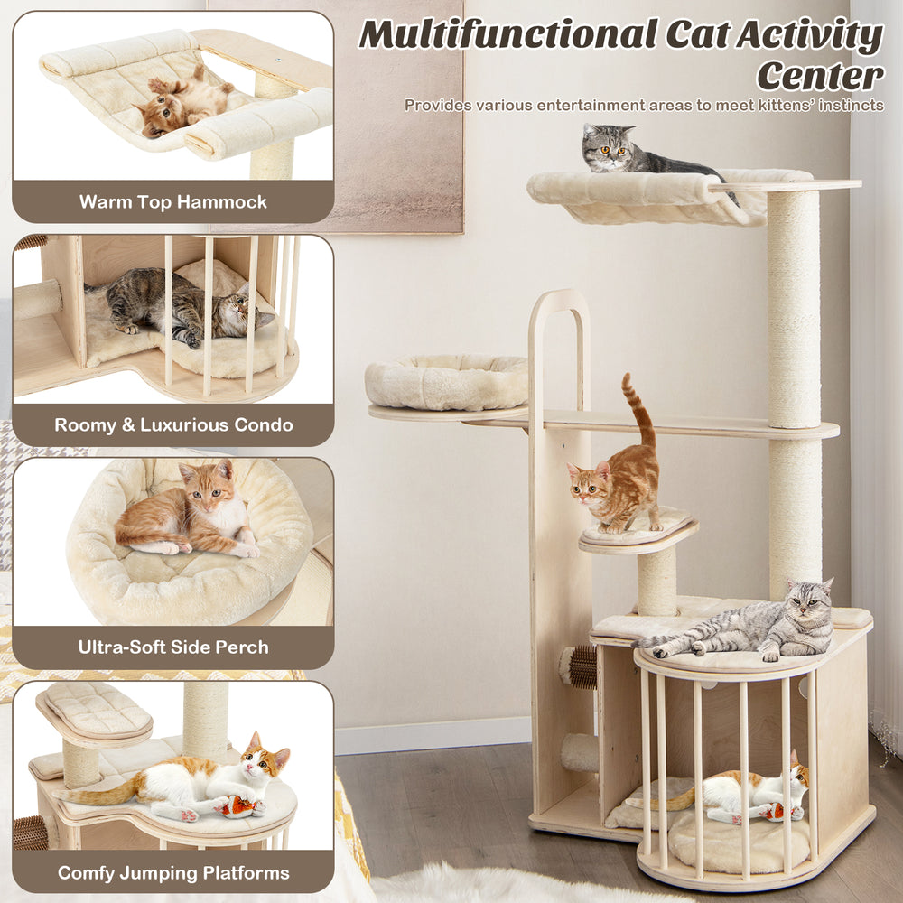 Multi-level 55-inch cat tree featuring a top hammock, side perch, and removable cushions for comfort and play.
