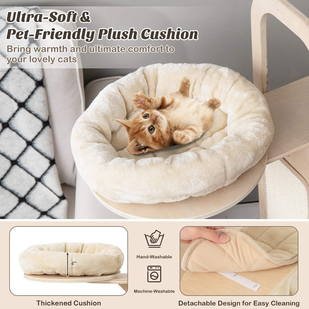 Plush pet-friendly cushion for cat tree, removable and washable, providing comfort for your lovely cats.