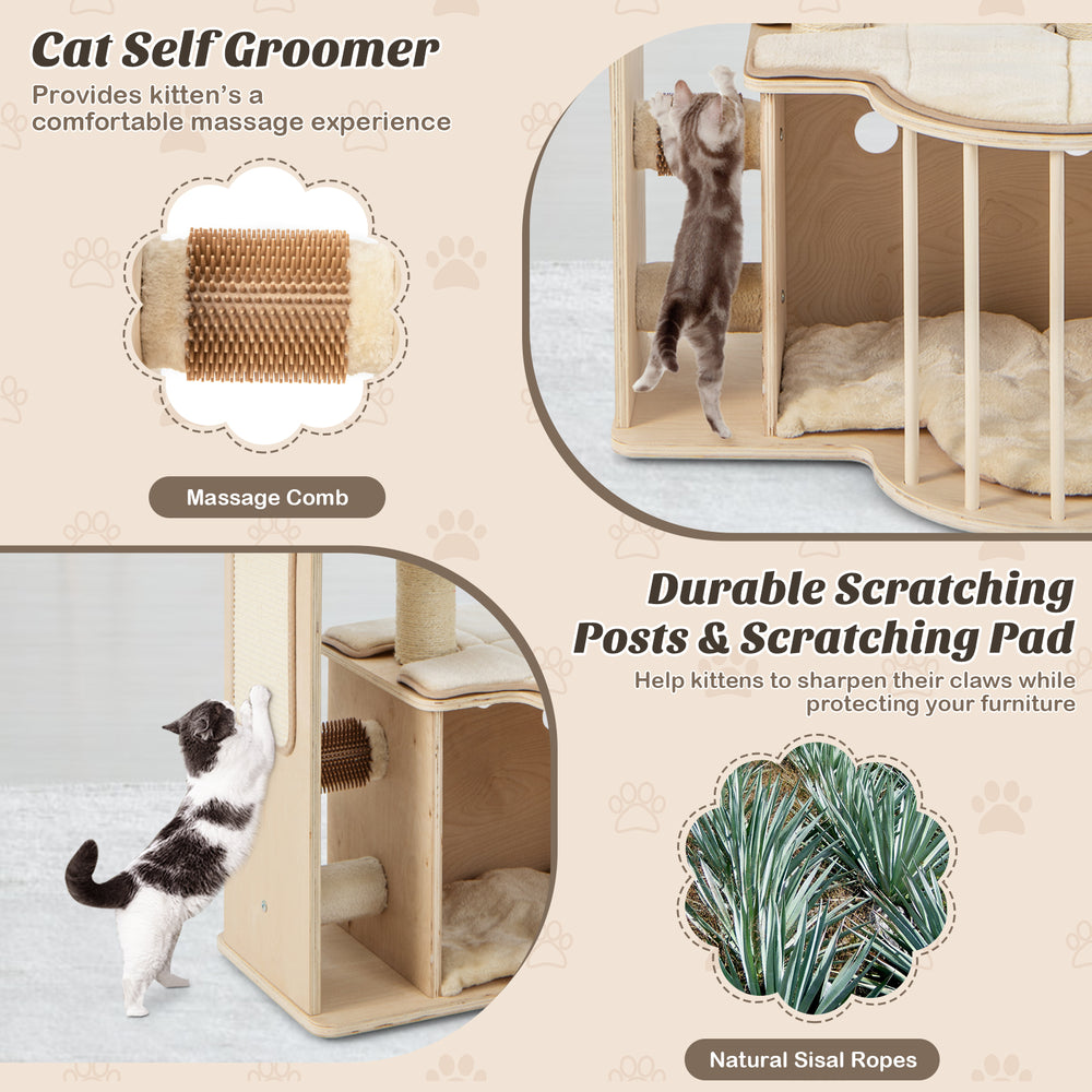 Multi-level cat tree featuring durable sisal scratching posts and removable cushions for comfort and easy cleaning.