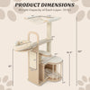 Multi-level cat tree with dimensions, featuring removable cushions, scratching posts, and a modern design for comfort.