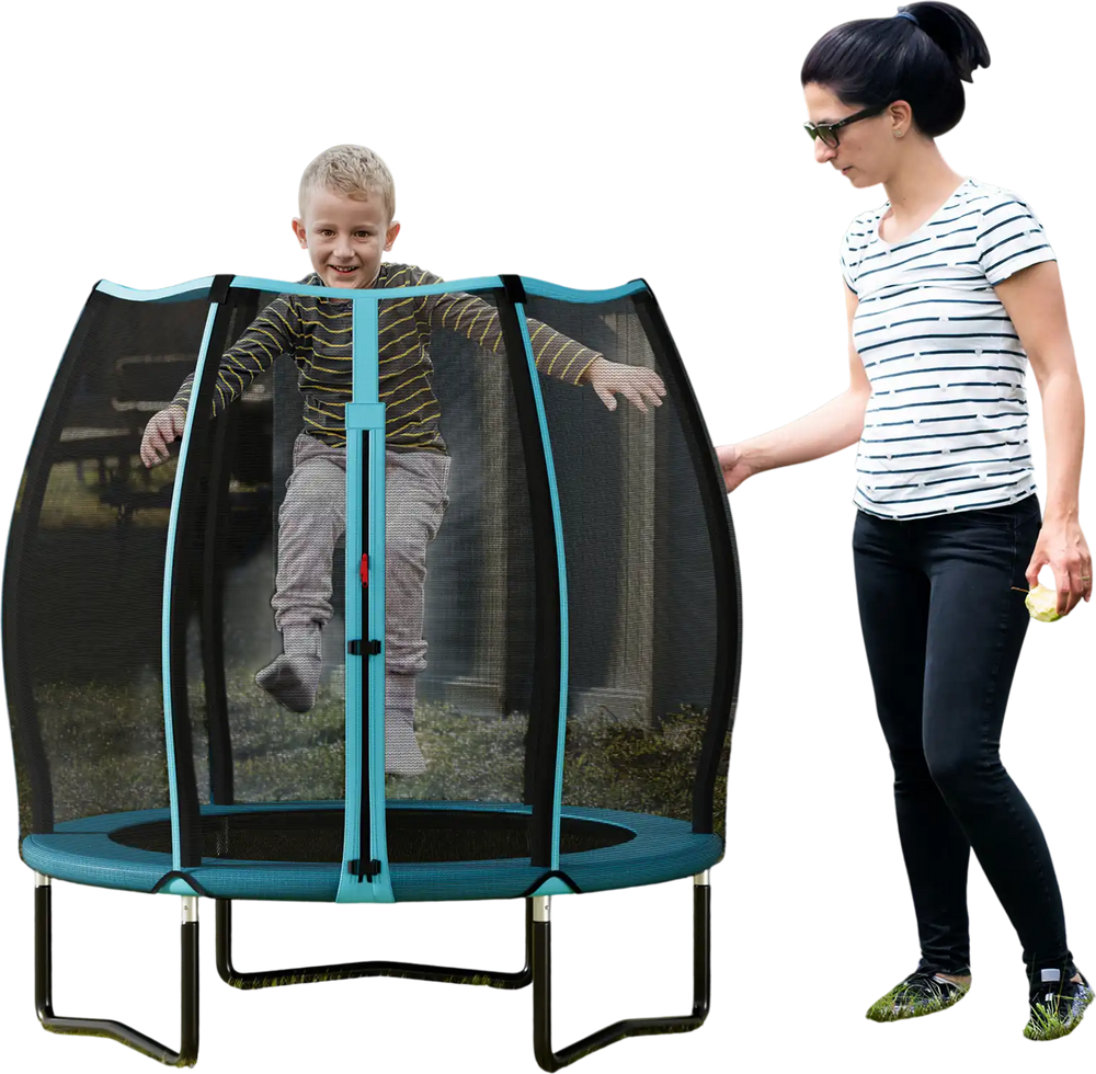 Kids' 55-inch blue trampoline with safety enclosure net, featuring strong bungee cords and a stable galvanized steel.