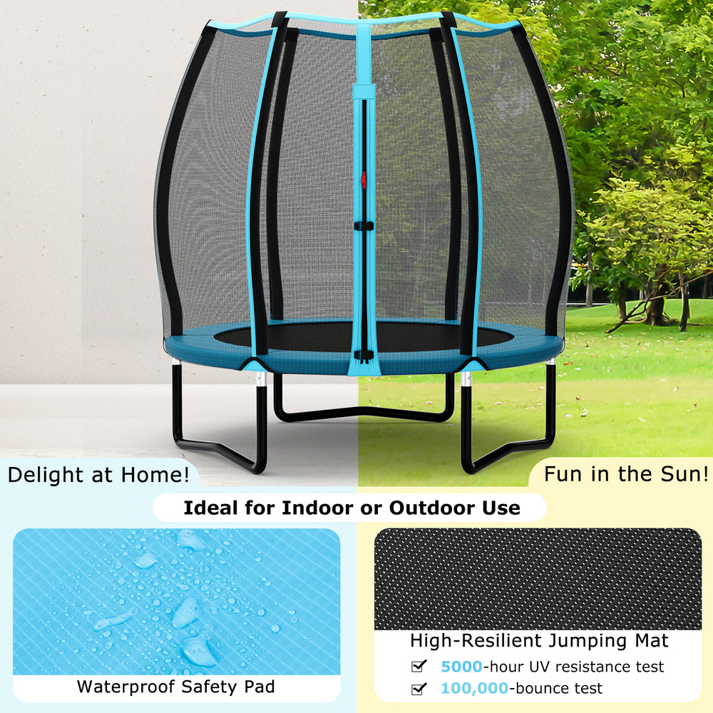55-inch blue trampoline with safety enclosure net, waterproof safety pad, and sturdy galvanized steel frame for indoor.