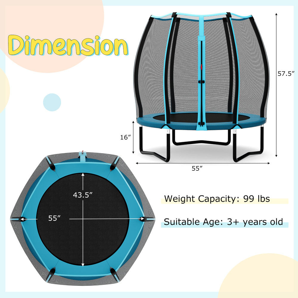 55-inch blue trampoline for kids with safety enclosure net, featuring strong bungee cords and robust galvanized steel.